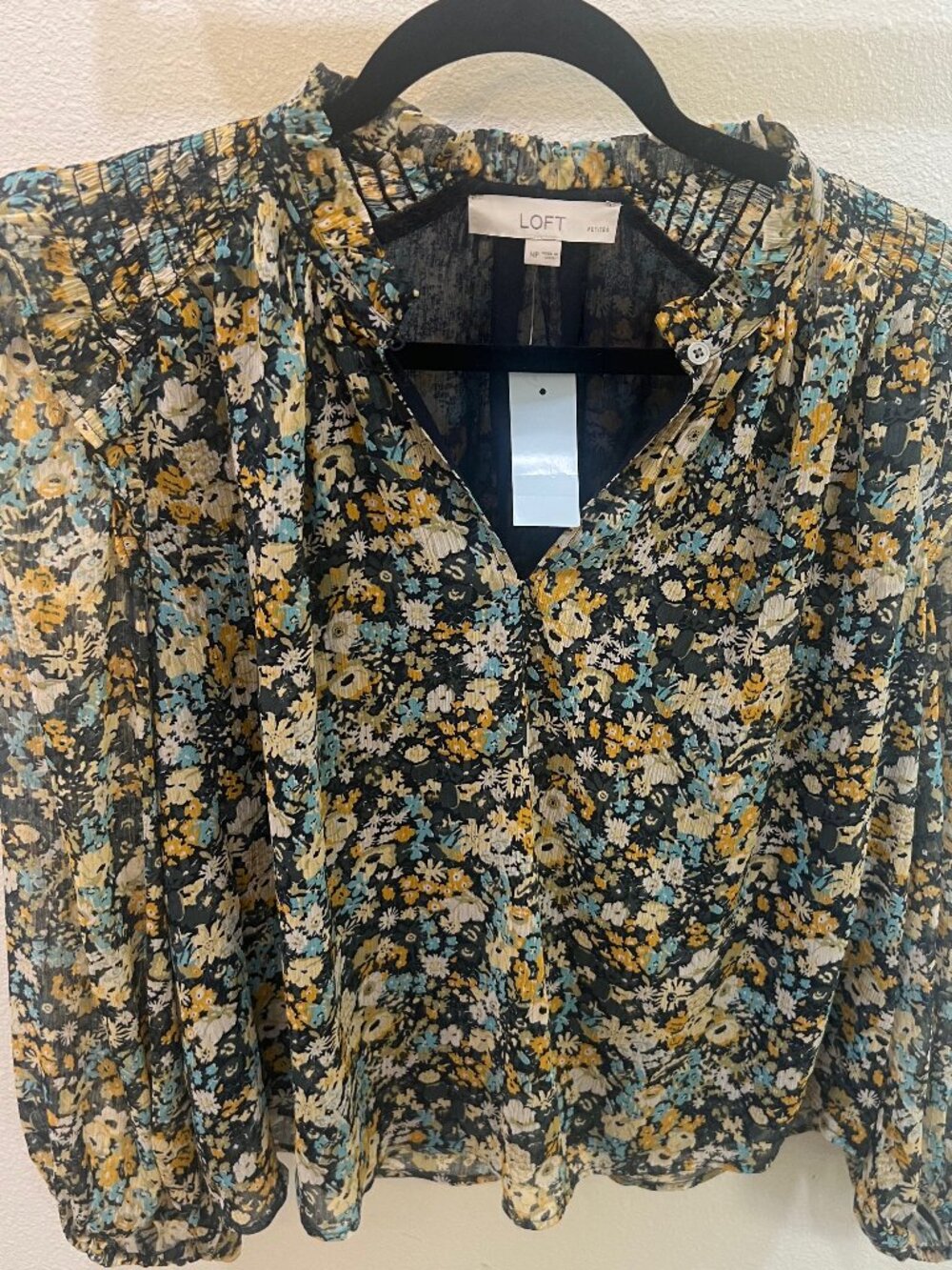 LOFT  Blue &Yellow Womens Puffed Shoulder Floral V-Neck Knit Top Medium Petite